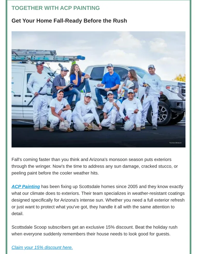 ACP Painting featured placement in the August 5 issue of Scottsdale Scoop