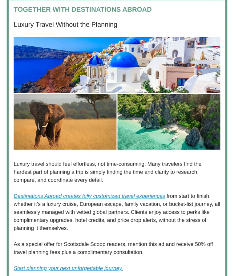 Destinations Abroad featured placement in the August 12 issue of Scottsdale Scoop